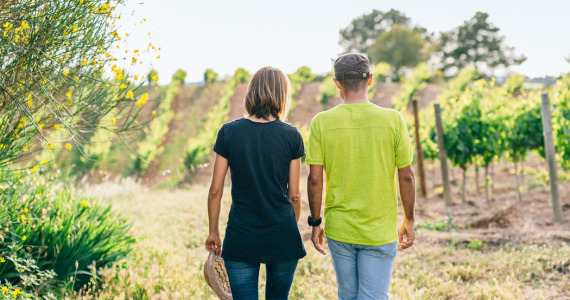 Couple walking through the vines, Penedes vineyards, Priorat, Penedes and Barcelona wine tours, credit Marc Busoms Couple walking through the vines, Penedes vineyards, Priorat, Penedes and Barcelona wine tours, credit Marc Busoms