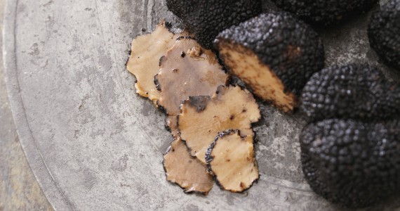 Large black truffles on a plate, one of them shaved into 5 thin slices, tasted on a foodie tour